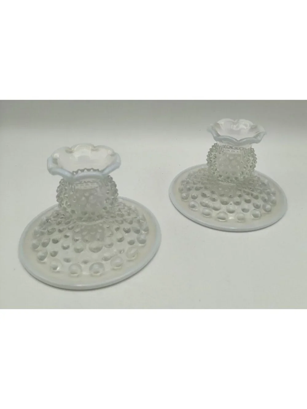 Fenton White Opalescent Hobnail Glass Candlestick Holders With Ruffled Edge